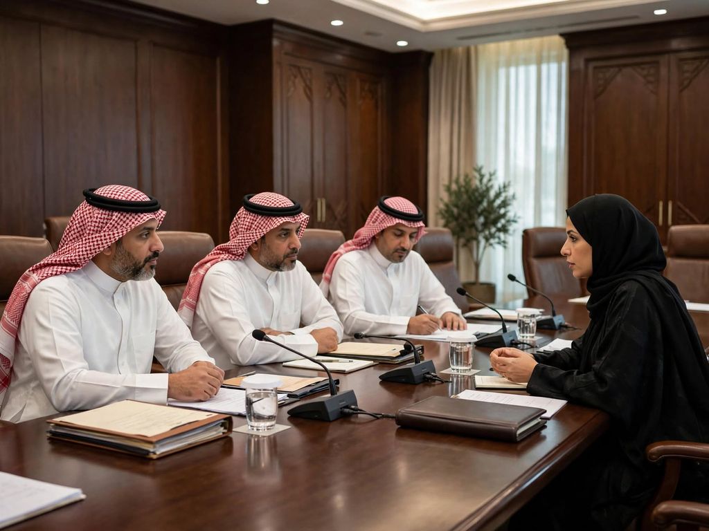Illustrative image: Saudi counsel in discussion across a hearing table in a wood-panelled room