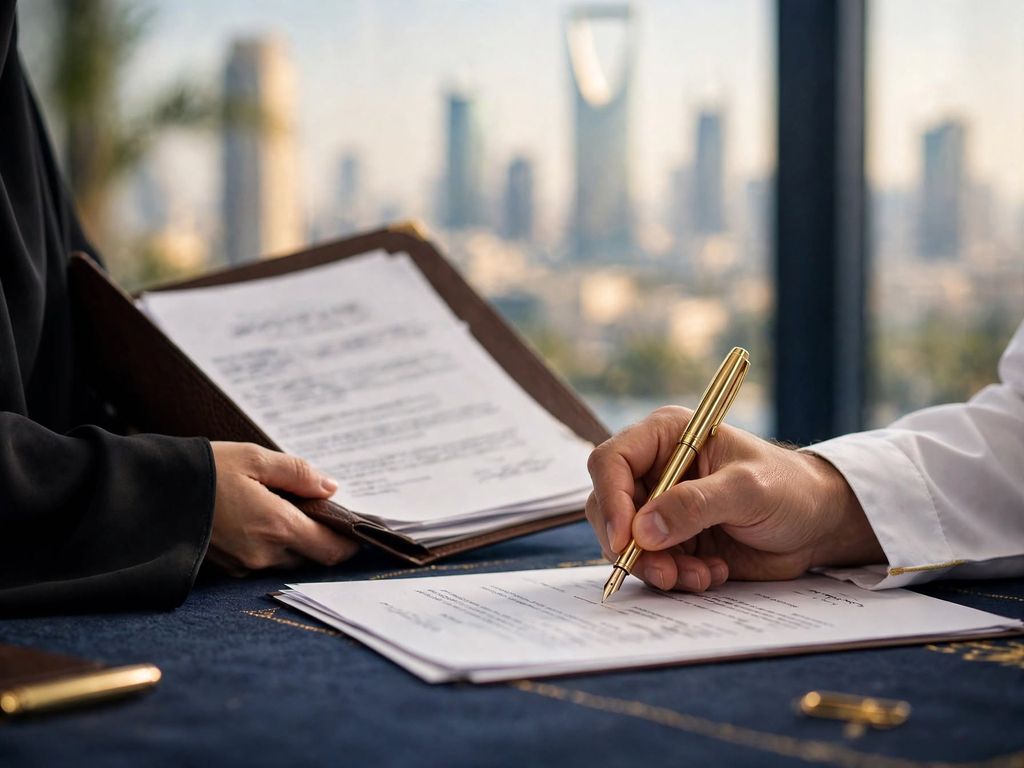 Illustrative image: A contract being signed with a fountain pen while a colleague in an abaya holds the file, the Riyadh skyline behind