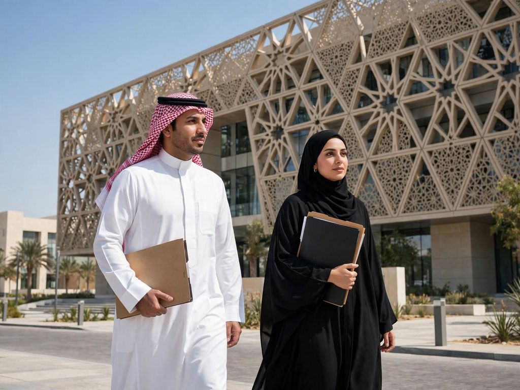 Illustrative image: A Saudi man and woman carrying document folders past a government building with a mashrabiya facade