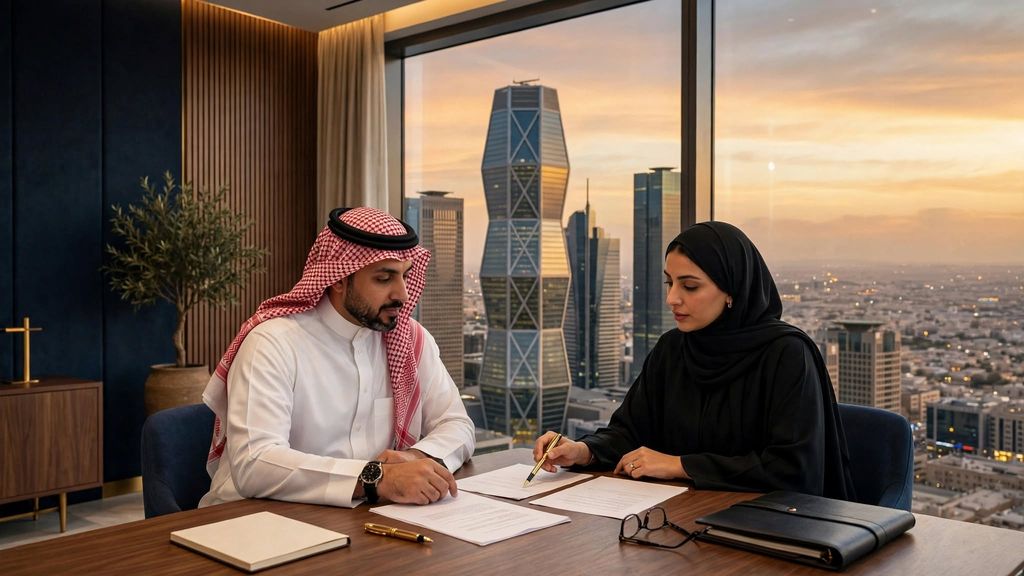 Illustrative image: A Saudi lawyer and a Saudi female counsel reviewing a contract in a Riyadh office overlooking the city at sunset